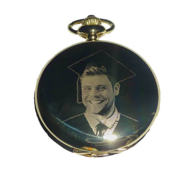 Personalised Gift with Photo engraved on the face of this pocket watch to commemorate their graduation.