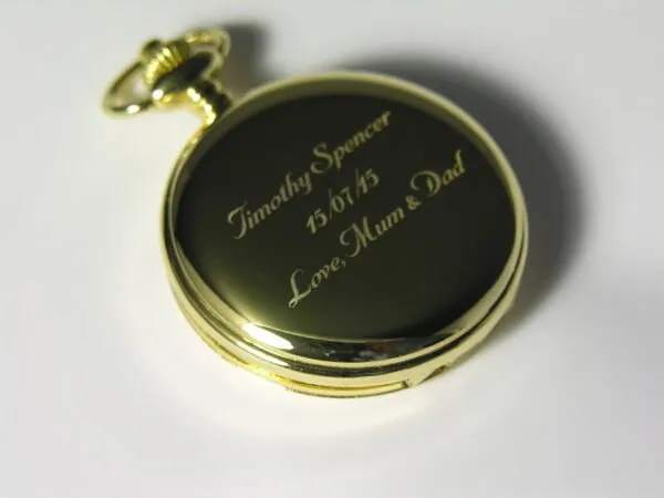 Engraved dedication on back of Gold coloured Pocket Watch