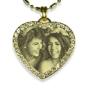 Brides Maid Gold Plate Medium Heart Diamante Photo Pendant