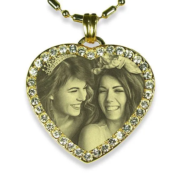 Brides Maid Gold Plate Medium Heart Diamante Photo Pendant