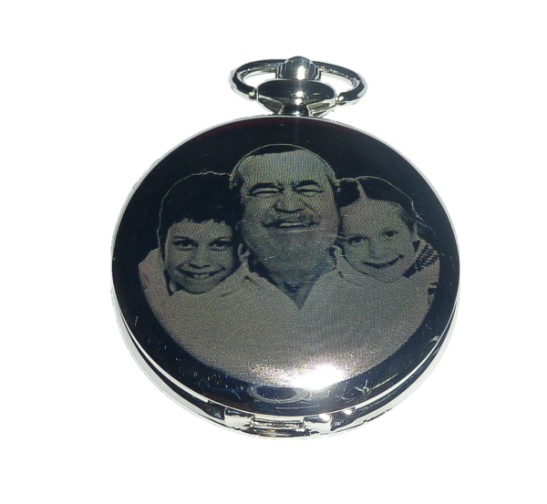 A Pocket Watch Engraved with a photo on the face and dedication on the back