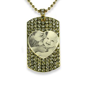 Baby Photo Necklace - Engraved Gold Plate Diamante Pendant