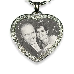 Engraved Face of Stainless Steel Diamante Heart Photo Pendant